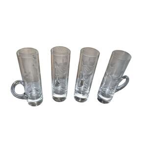 Vintage Etched Cordial Glasses Floral Leaf Design Set of 4 Small Handled Barware